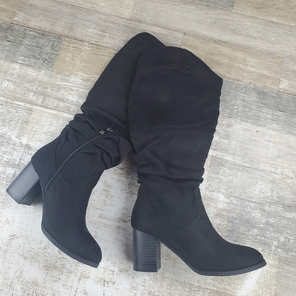 Journee Aneil Womens Knee High Slouch Boots Sz 6 Black Suede Side Zip Block Heel